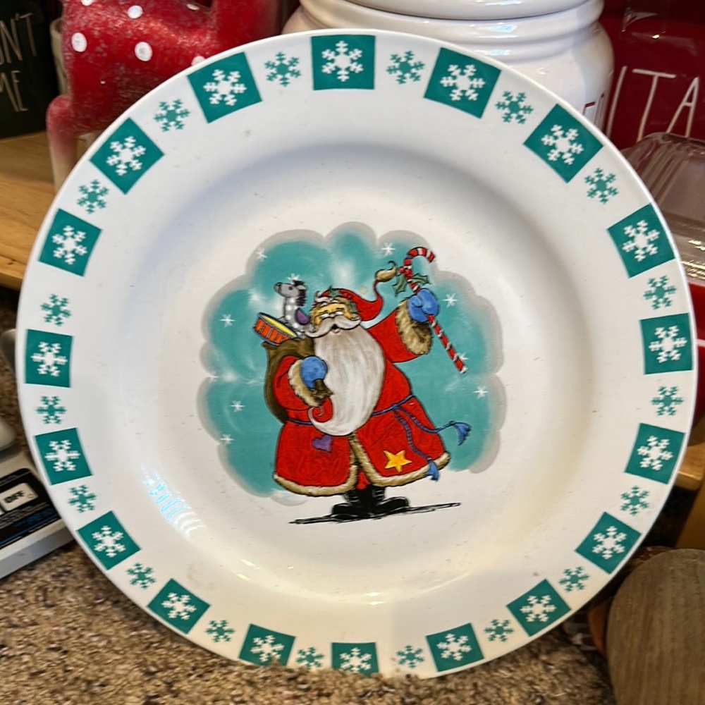 Festive Santa Claus Plate with Snowflake Border Stoneware Plate